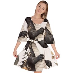 Cute Black Baby Dragon Flowers Painting (7) Velour Kimono Dress by 1xmerch