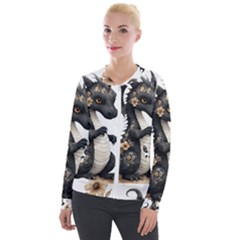 Cute Black Baby Dragon Flowers Painting (7) Velvet Zip Up Jacket by 1xmerch