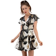 Cute Black Baby Dragon Flowers Painting (7) Flutter Sleeve Wrap Dress by 1xmerch