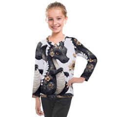 Cute Black Baby Dragon Flowers Painting (7) Kids  Long Mesh T-shirt