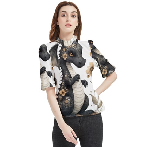 Cute Black Baby Dragon Flowers Painting (7) Frill Neck Blouse by 1xmerch