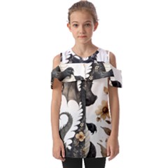 Cute Black Baby Dragon Flowers Painting (7) Fold Over Open Sleeve Top by 1xmerch