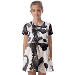 Cute Black Baby Dragon Flowers Painting (7) Kids  Short Sleeve Pinafore Style Dress by 1xmerch