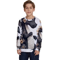 Cute Black Baby Dragon Flowers Painting (7) Kids  Crewneck Sweatshirt by 1xmerch