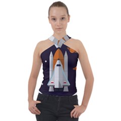 Rocket Space Universe Spaceship Cross Neck Velour Top by Sarkoni