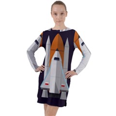 Rocket Space Universe Spaceship Long Sleeve Hoodie Dress by Sarkoni