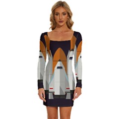 Rocket Space Universe Spaceship Long Sleeve Square Neck Bodycon Velvet Dress by Sarkoni