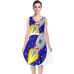 Rocket Ship Launch Vehicle Moon V-neck Midi Sleeveless Dress  by Sarkoni