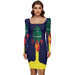 Rocket Halftone Astrology Astronaut Women Long Sleeve Ruched Stretch Jersey Dress by Sarkoni