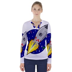 Rocket Ship Launch Vehicle Moon V-neck Long Sleeve Top by Sarkoni