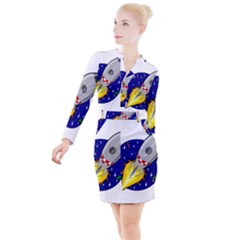 Rocket Ship Launch Vehicle Moon Button Long Sleeve Dress by Sarkoni