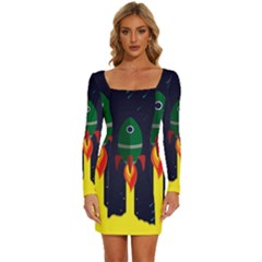 Rocket Halftone Astrology Astronaut Long Sleeve Square Neck Bodycon Velvet Dress by Sarkoni