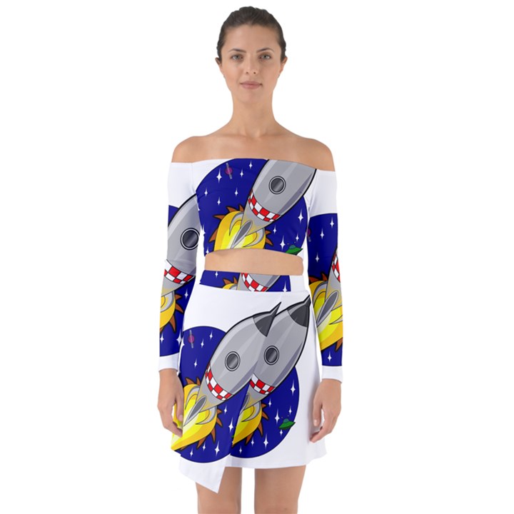 Rocket Ship Launch Vehicle Moon Off Shoulder Top with Skirt Set