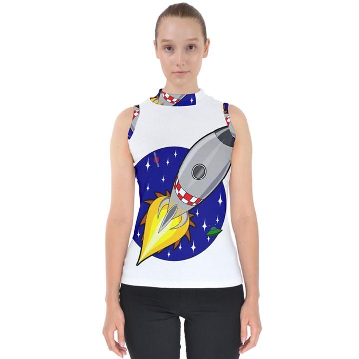 Rocket Ship Launch Vehicle Moon Mock Neck Shell Top