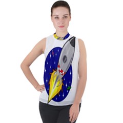 Rocket Ship Launch Vehicle Moon Mock Neck Chiffon Sleeveless Top by Sarkoni