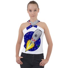 Rocket Ship Launch Vehicle Moon Cross Neck Velour Top by Sarkoni