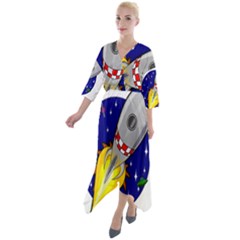 Rocket Ship Launch Vehicle Moon Quarter Sleeve Wrap Front Maxi Dress by Sarkoni