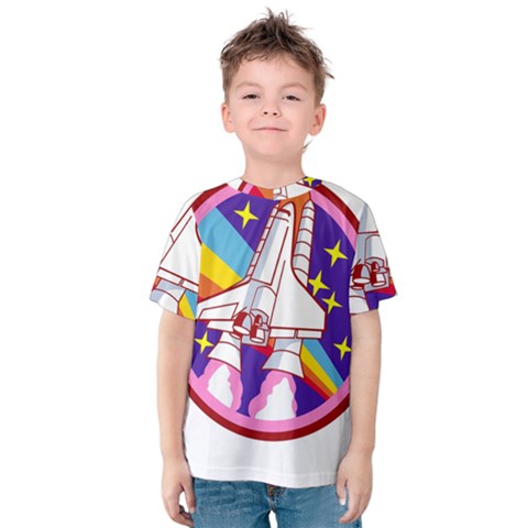 Badge Patch Pink Rainbow Rocket Kids  Cotton T-shirt by Sarkoni