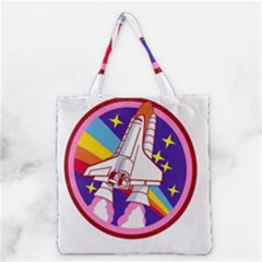 Badge Patch Pink Rainbow Rocket Grocery Tote Bag by Sarkoni