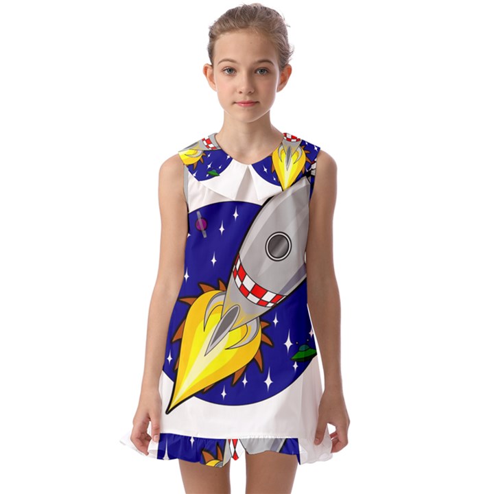 Rocket Ship Launch Vehicle Moon Kids  Pilgrim Collar Ruffle Hem Dress