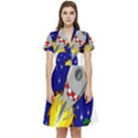 Rocket Ship Launch Vehicle Moon Short Sleeve Waist Detail Dress View1