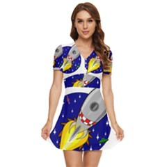 Rocket Ship Launch Vehicle Moon V-neck High Waist Chiffon Mini Dress by Sarkoni