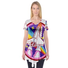 Badge Patch Pink Rainbow Rocket Short Sleeve Tunic  by Sarkoni