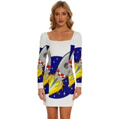 Rocket Ship Launch Vehicle Moon Long Sleeve Square Neck Bodycon Velvet Dress by Sarkoni