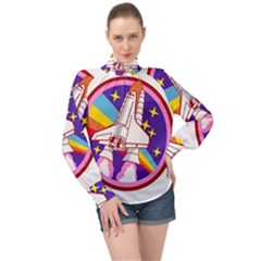 Badge Patch Pink Rainbow Rocket High Neck Long Sleeve Chiffon Top by Sarkoni