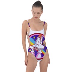 Badge Patch Pink Rainbow Rocket Tie Strap One Piece Swimsuit by Sarkoni