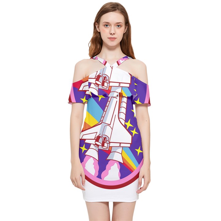 Badge Patch Pink Rainbow Rocket Shoulder Frill Bodycon Summer Dress