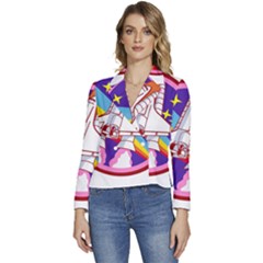 Badge Patch Pink Rainbow Rocket Women s Long Sleeve Revers Collar Cropped Jacket by Sarkoni