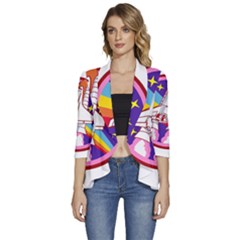 Badge Patch Pink Rainbow Rocket Women s 3/4 Sleeve Ruffle Edge Open Front Jacket by Sarkoni