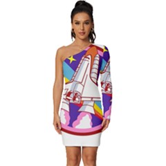 Badge Patch Pink Rainbow Rocket Long Sleeve One Shoulder Mini Dress by Sarkoni