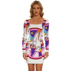 Badge Patch Pink Rainbow Rocket Long Sleeve Square Neck Bodycon Velvet Dress by Sarkoni