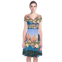 City Buildings Urban Dawn Short Sleeve Front Wrap Dress by Sarkoni