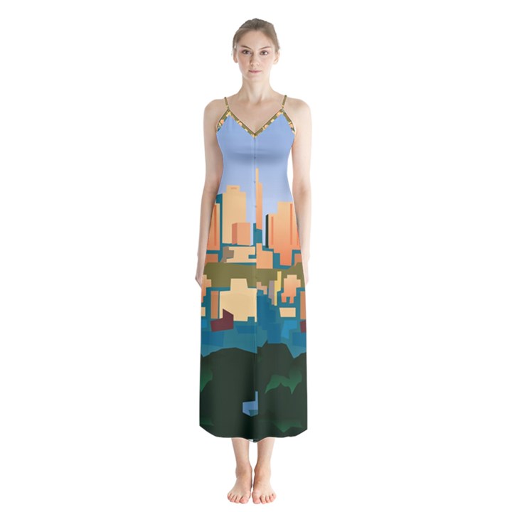 City Buildings Urban Dawn Button Up Chiffon Maxi Dress