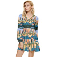 City Buildings Urban Dawn Tiered Long Sleeve Mini Dress by Sarkoni