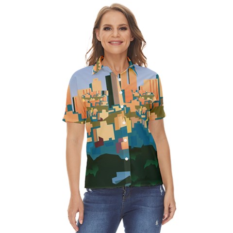 City Buildings Urban Dawn Women s Short Sleeve Double Pocket Shirt by Sarkoni