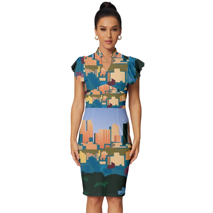 City Buildings Urban Dawn Vintage Frill Sleeve V-Neck Bodycon Dress