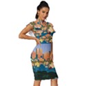 City Buildings Urban Dawn Vintage Frill Sleeve V-Neck Bodycon Dress View3