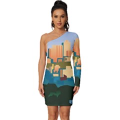 City Buildings Urban Dawn Long Sleeve One Shoulder Mini Dress by Sarkoni