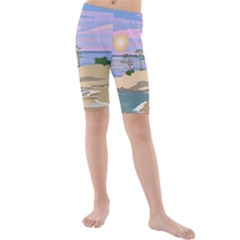 Vacation Island Sunset Sunrise Kids  Mid Length Swim Shorts by Sarkoni