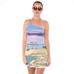 Vacation Island Sunset Sunrise One Shoulder Ring Trim Bodycon Dress by Sarkoni