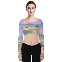 Vacation Island Sunset Sunrise Velvet Long Sleeve Crop Top by Sarkoni