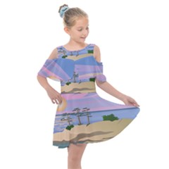 Vacation Island Sunset Sunrise Kids  Shoulder Cutout Chiffon Dress by Sarkoni