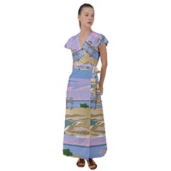 Vacation Island Sunset Sunrise Flutter Sleeve Maxi Dress by Sarkoni