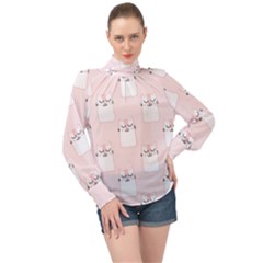 Pattern Pink Cute Sweet Fur Cats High Neck Long Sleeve Chiffon Top by Sarkoni