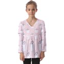 Pattern Pink Cute Sweet Fur Cats Kids  V Neck Casual Top View1