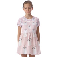 Pattern Pink Cute Sweet Fur Cats Kids  Short Sleeve Pinafore Style Dress by Sarkoni